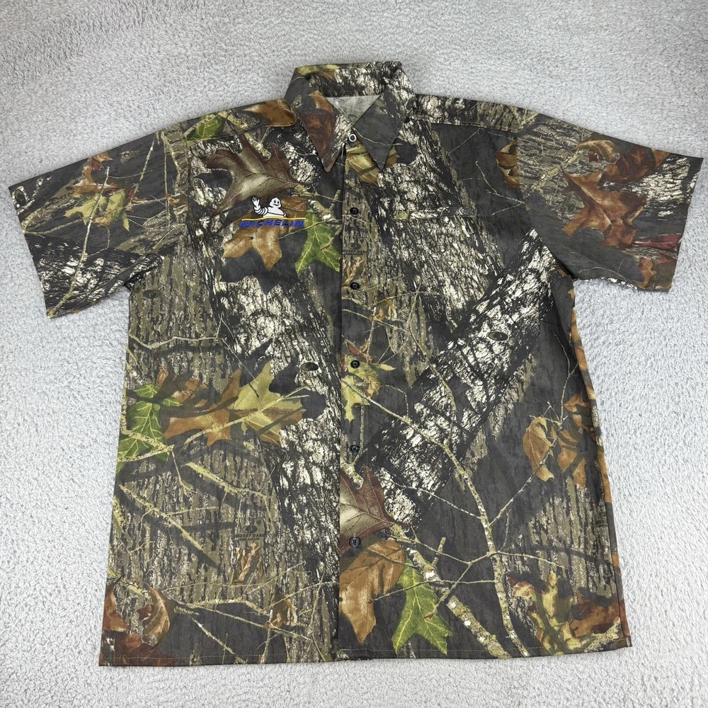 Camo Short Sleeve Full Button Shirt Michelin Man‎ Embroidered Men's Size Large